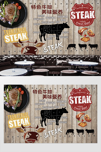 复古美食牛排牛肉餐馆火锅店背景墙图片