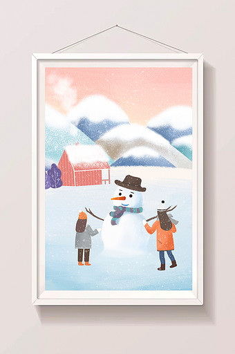 唯美手绘飘雪堆雪人插画图片