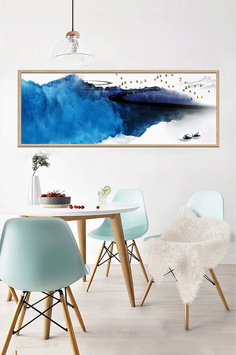 新中式蓝色风景飞鸟湖水山水金色装饰画图片
