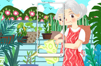 绿色清新重阳节老年人种花生活场景插画图片