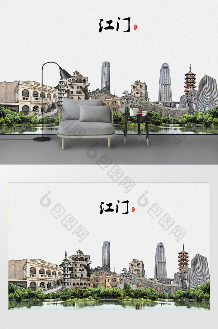 现代简约素描油画江门市城市剪影背景墙