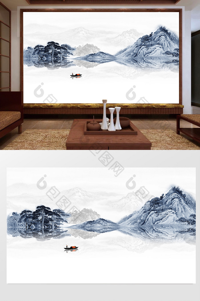 抽象意境新中式山水风景背景墙