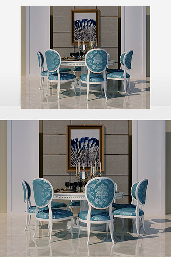 白色木质餐桌和白边蓝面餐椅图片