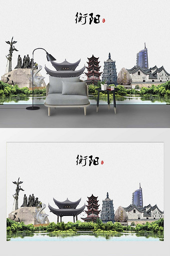 现代简约素描油画衡阳市城市剪影背景墙图片