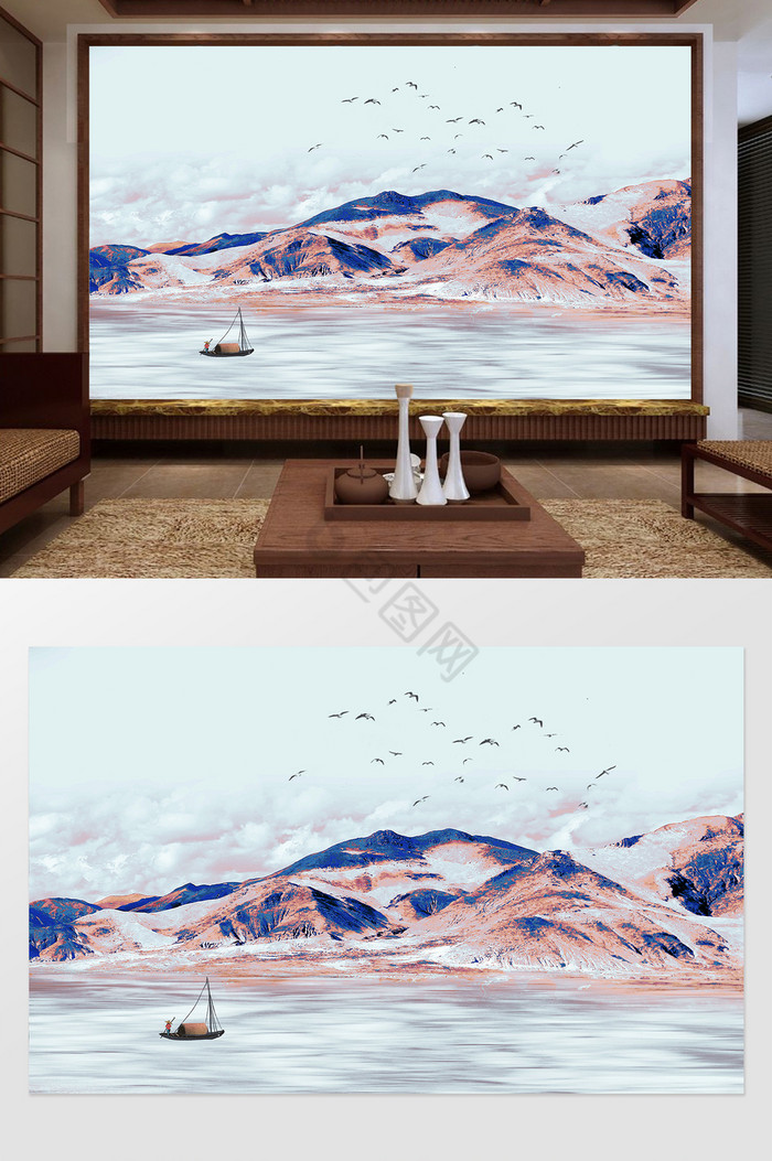 中式抽象山水电视背景墙定制图片