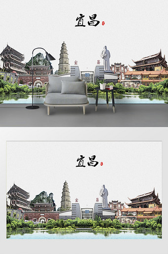 现代简约素描油画宜昌市城市剪影背景墙图片