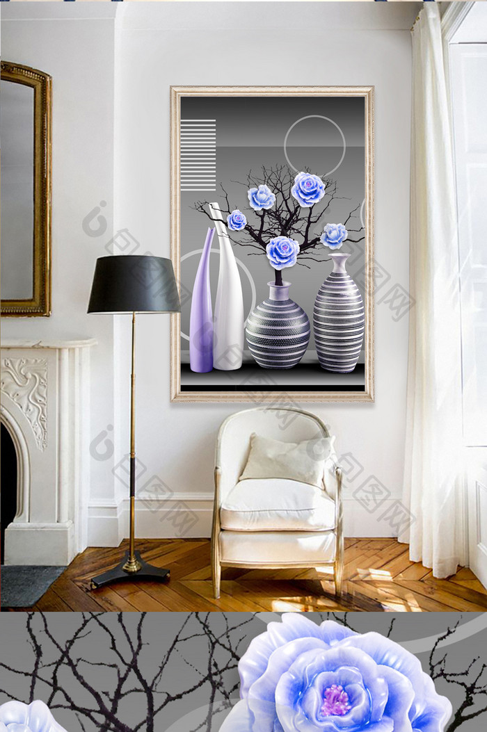 现代创意唯美花瓶花卉3D玄关装饰画