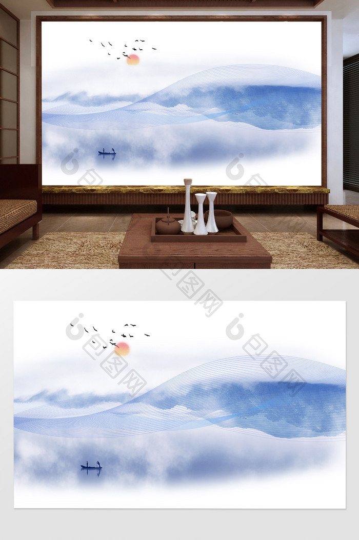 新中式蓝色意境水墨山水创意背景墙装饰画