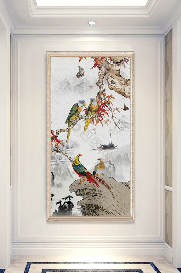 中式唯美山水画鹦鹉小鸟蝴蝶玄关装饰画图片