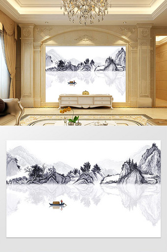 新中式水墨国画抽象山水背景墙山水映象图片