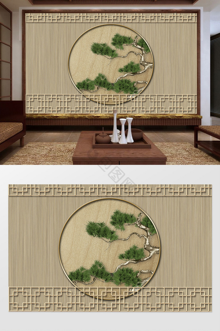 新中式古松浮雕框景雕花屋檐围栏背景墙图片