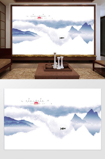 新中式创意意境水墨山水背景墙装饰图片