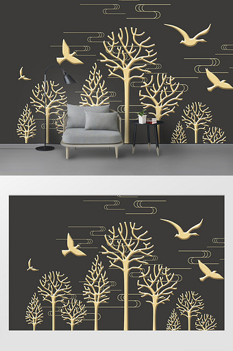 现代简约立体金属浮雕树林飞鸟创意背景墙图片