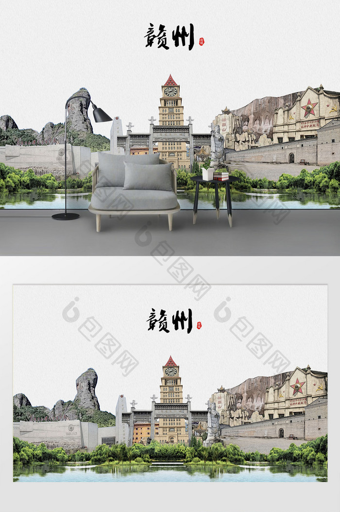现代简约素描油画赣州市城市剪影背景墙