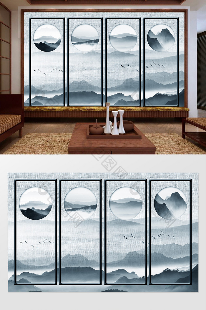 新中式创意水墨山水风景电视背景墙
