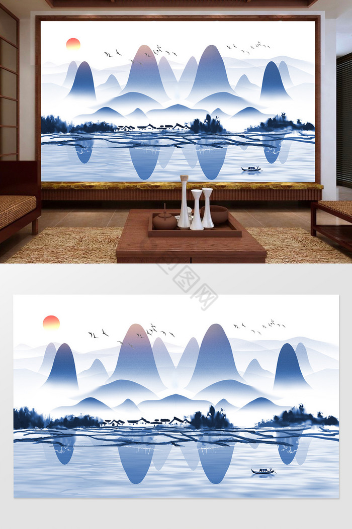 新中式意境水墨山水风景飞鸟电视背景墙图片