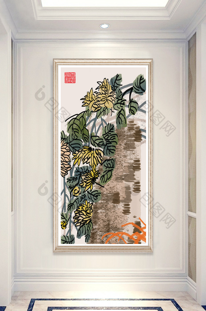 文艺中国风水墨淡彩植物玄关装饰画