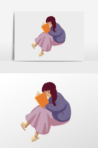 手绘卡通看书的女孩的插画元素图片