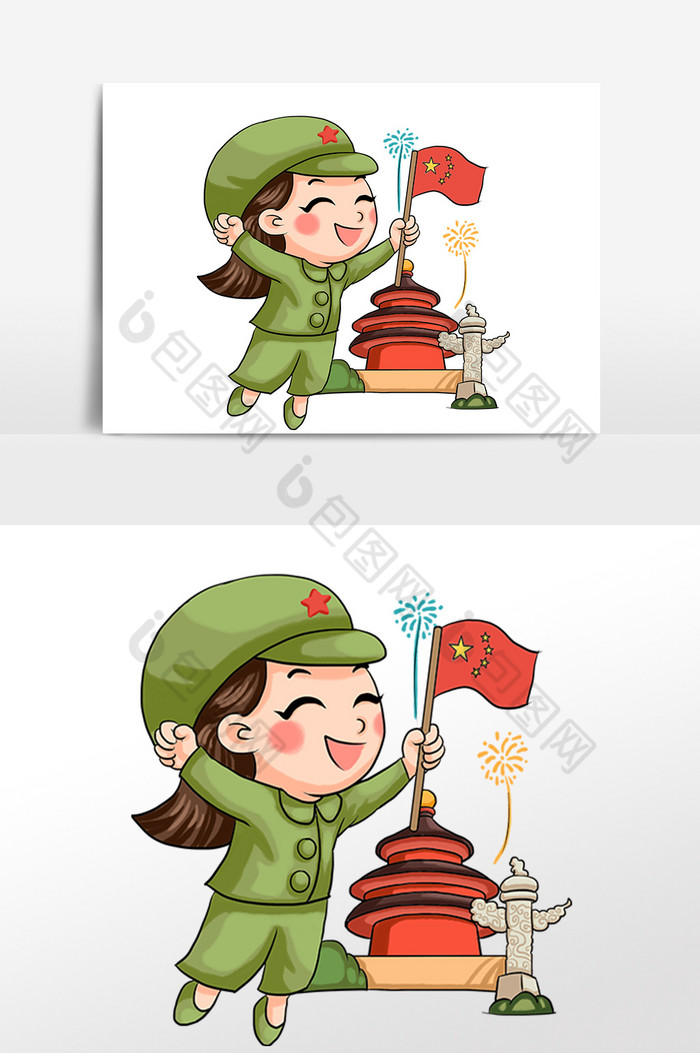 国庆节军装女孩手拿国旗插画图片