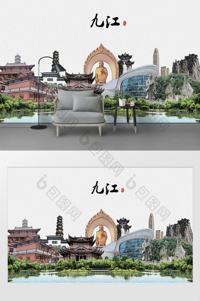 现代简约素描油画九江市城市剪影背景墙