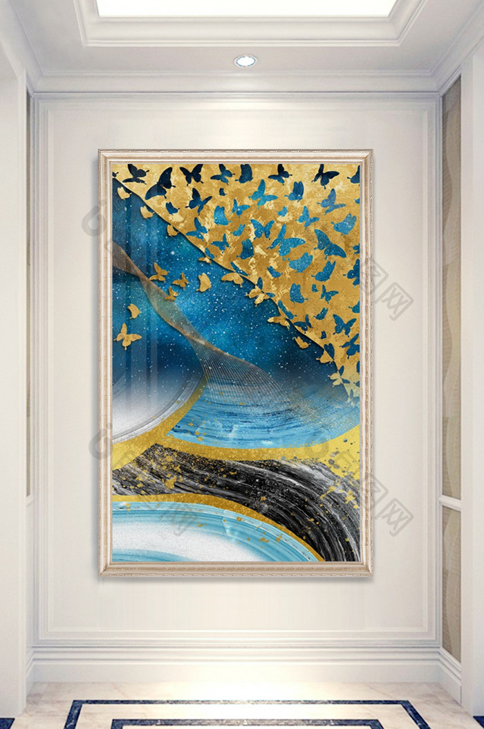 现代油画北欧金色线条蝴蝶玄关装饰画