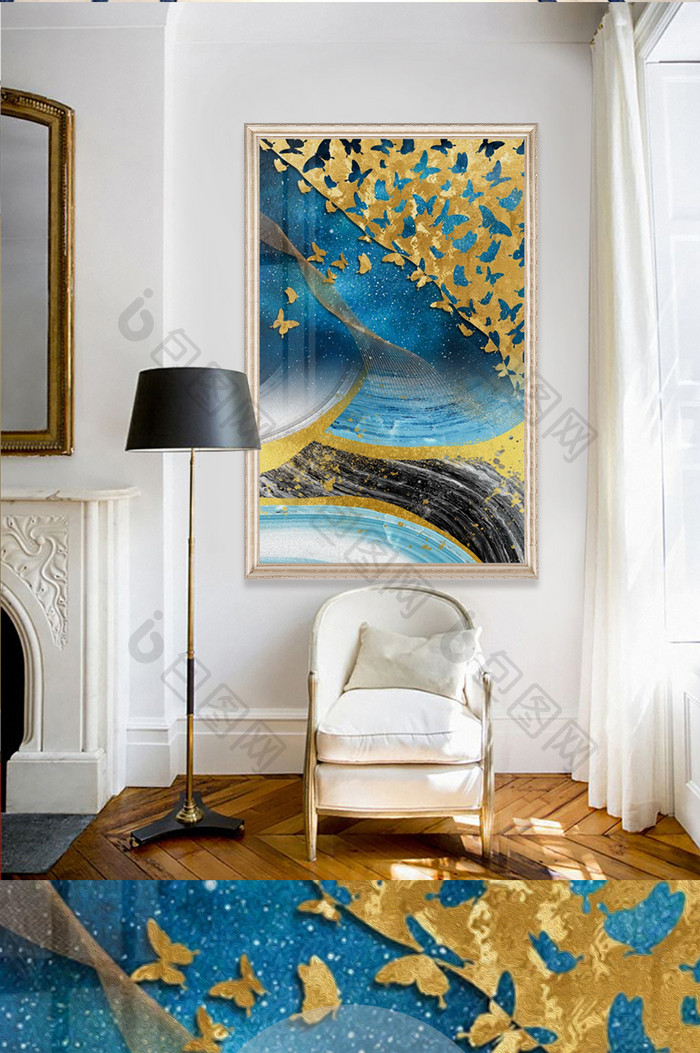 现代油画北欧金色线条蝴蝶玄关装饰画