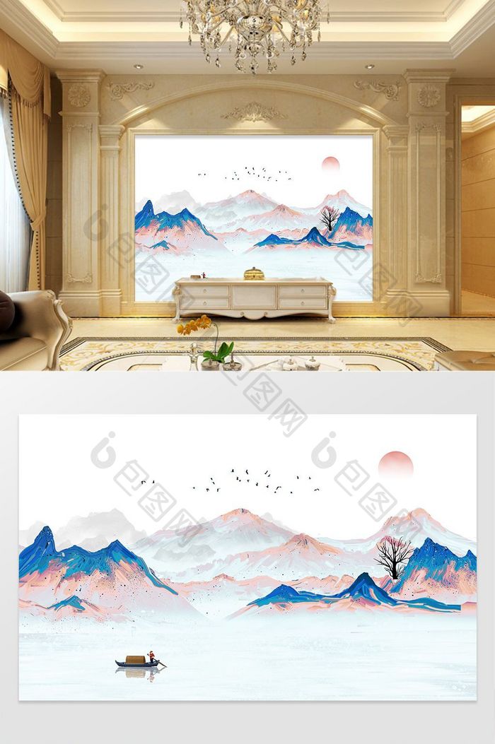 新中式水墨国画抽象山水背景墙定制