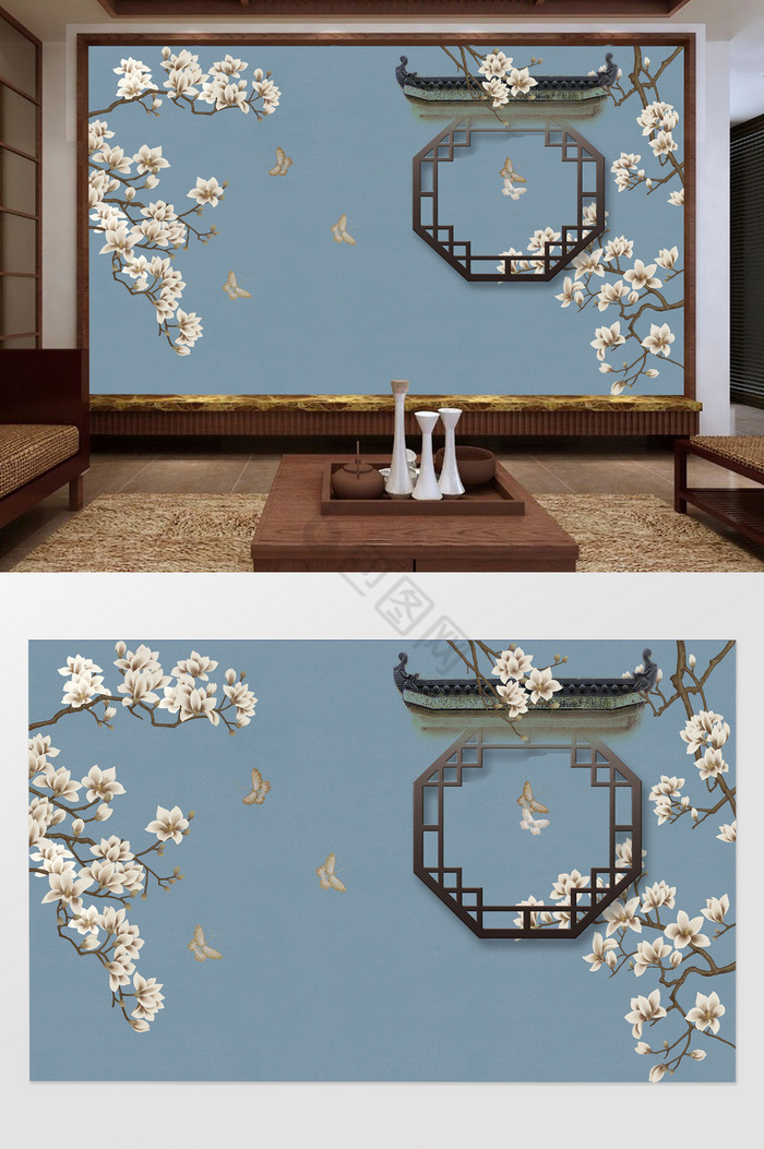 新中式立体屋檐漏窗手绘树枝花鸟背景墙图片