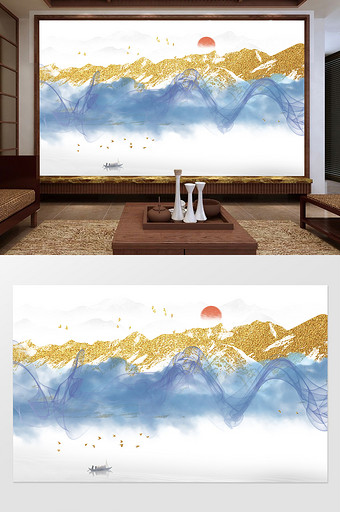 新中式山水情水墨金箔电视背景墙图片