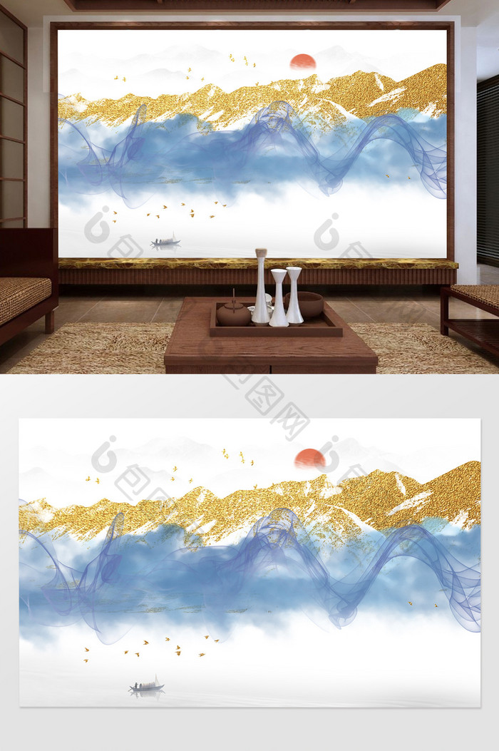 新中式山水情水墨金箔电视背景墙