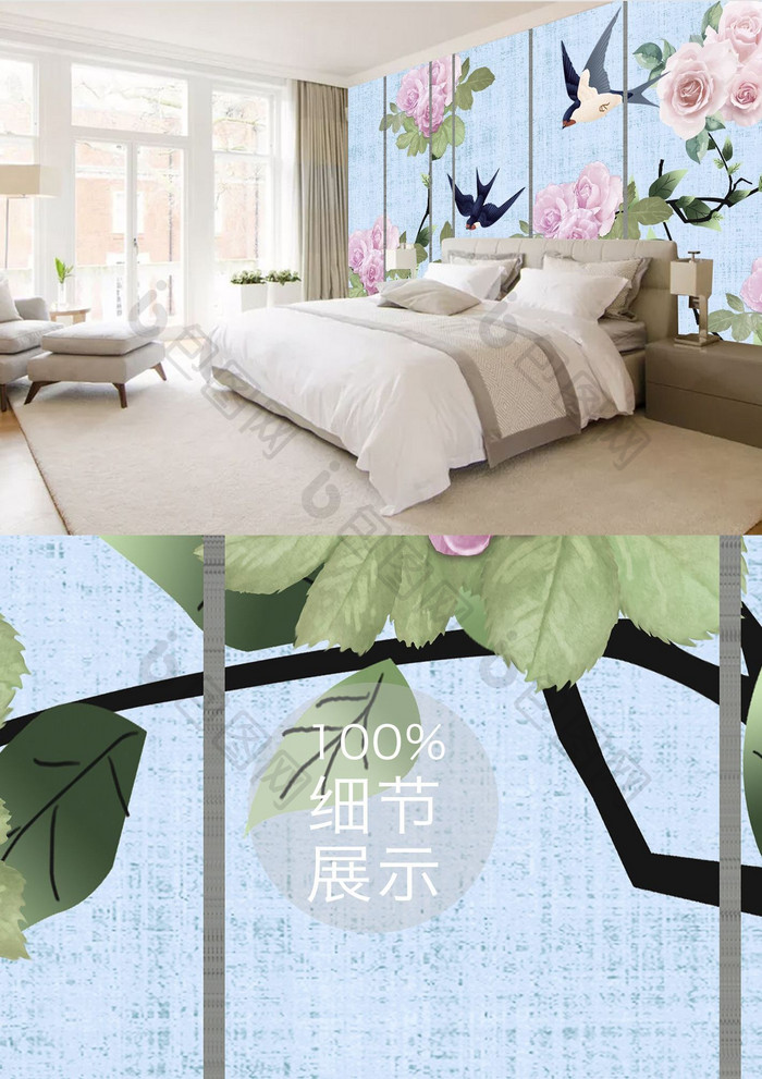 新中式硬装型材手绘花鸟草木电视背景墙