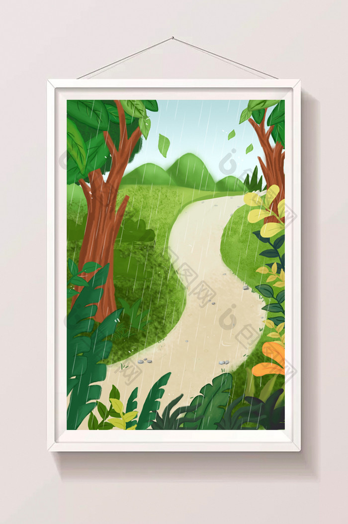 手绘下雨的林间小路插画背景