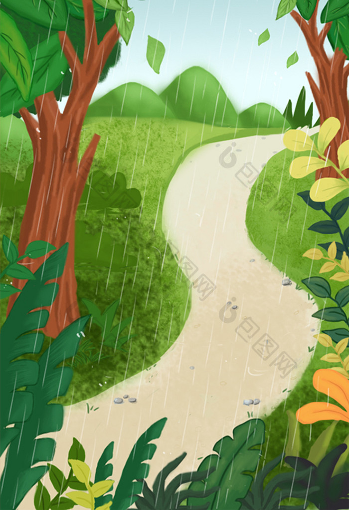 下雨下雨海报下雨背景下雨视频乡间小路卡通下雨小路打雷下雨林间林间