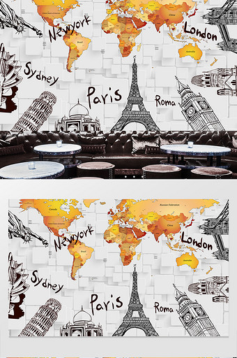 世界地标线描巴黎埃菲尔铁塔背景墙图片