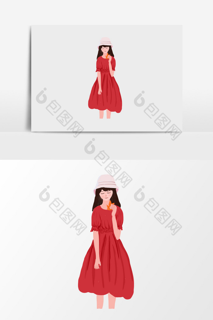 手绘红衣服女孩插画元素