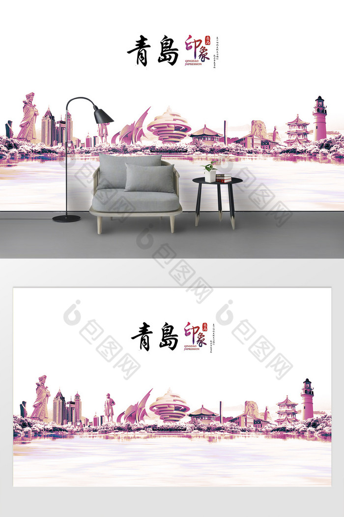 现代简约素描油画青岛城市建筑背景图片图片