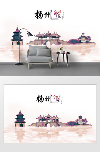 现代简约素描油画扬州城市建筑背景图片