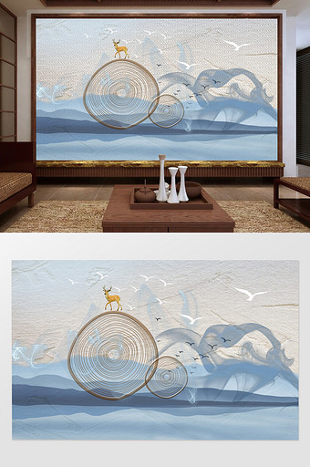 新中式创意意境水墨山水麋鹿背景墙装饰图片