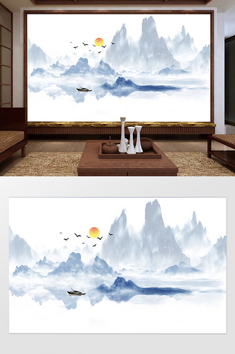 新中式蓝色意境水墨山水背景墙装饰图片