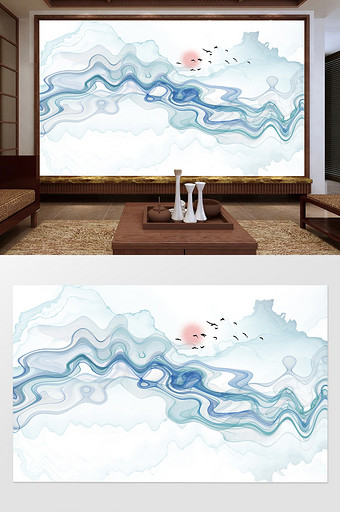 新中式抽象意境水墨山水背景墙装饰画图片