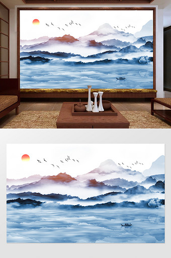 中国风蓝色水墨山水唯美意境电视背景墙图片