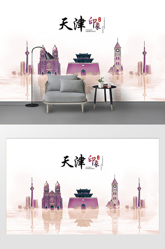 现代简约素描油画天津城市建筑背景图片