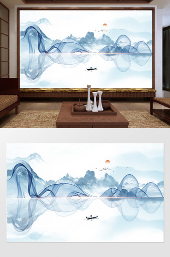 新中式抽象创意蓝色意境水墨山水背景墙装饰图片