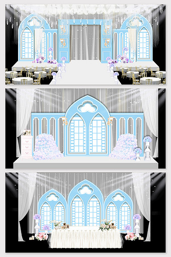 现代简约蓝色欧式教堂婚礼舞台效果图图片