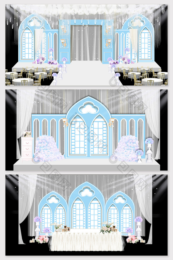 现代简约蓝色欧式教堂婚礼舞台效果图