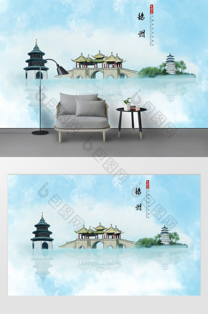 现代简约油画扬州城市建筑背景墙