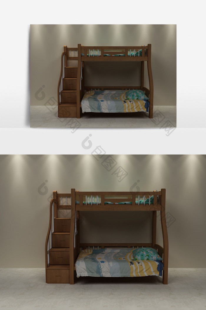 原木双层儿童床模型