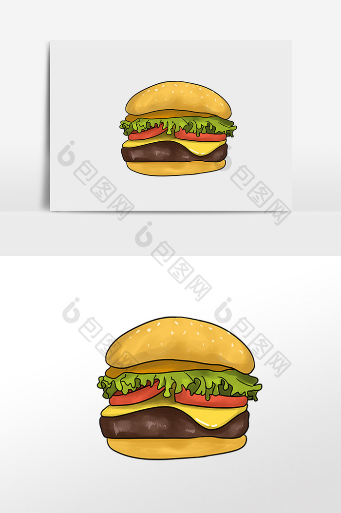 手绘美味快餐牛肉汉堡插画元素