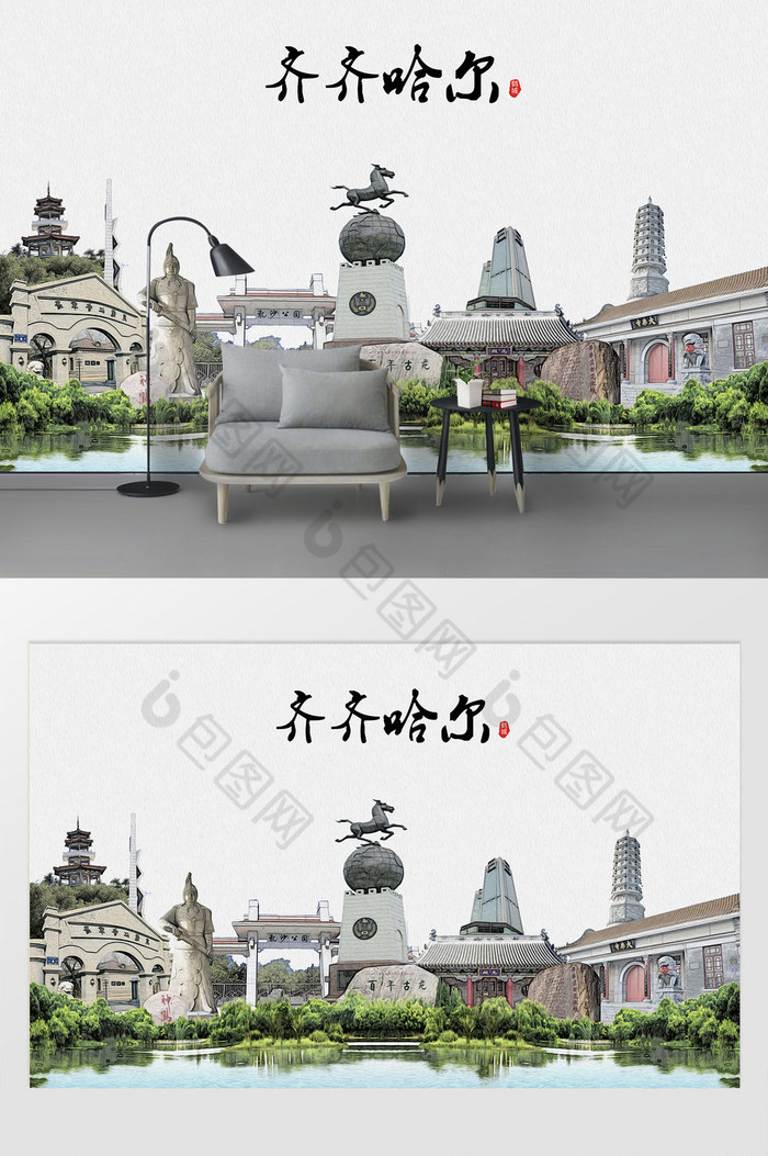 中国风彩绘背景墙地标定制图片