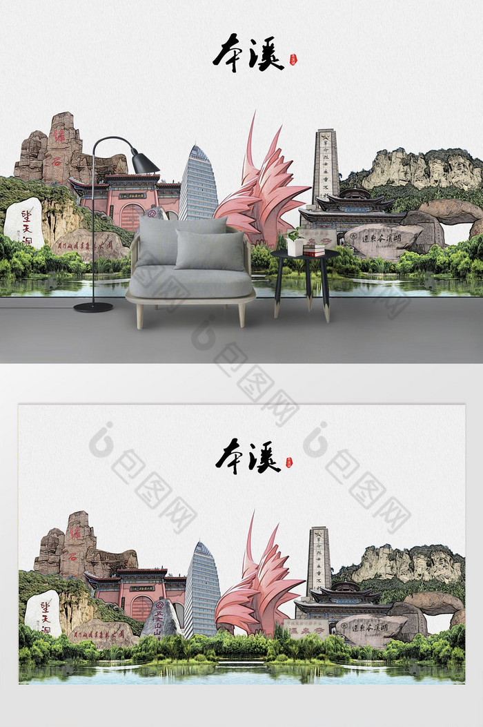 本溪市中国风彩绘背景墙图片